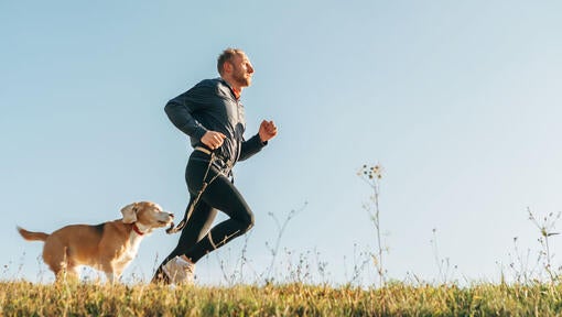 man and dog running cross country